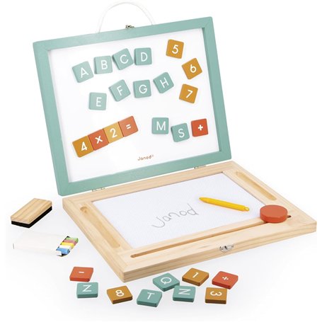 Janod - Tableau Enfant en Bois 4 en 1 - Coffret 4 activités : Adroise Magique + Tableau Noir + Tableau Blanc + Tableau Blanc Mag