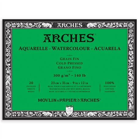 ARCHES Aquarelle - Bloc 20 feuilles 23x31 collé 4 côtés - 300g/m² - grain fin