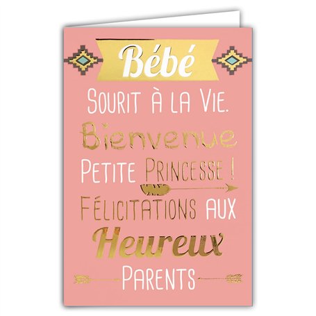 69-5006 Carte de vœux Naissance Fille Bébé sourit à la vie Bienvenue petite Princesse Félicitations aux Heureux Parents