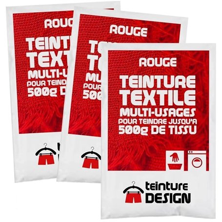 Lot de 3 sachets de Teinture Textile - ROUGE - teintures universelles pour vêtements et tissus naturels