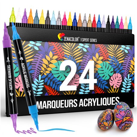 Zenacolor Feutre Acrylique à Double Pointe (Pointes Fines et Pinceau) - 24 Couleurs Uniques de Marqueur Acrylique pour Diverses