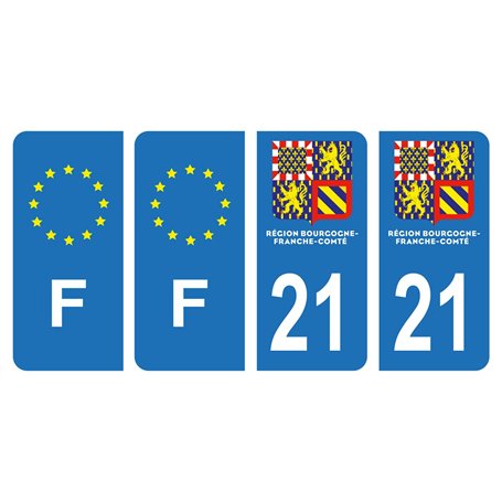 HADEXIA Lot 4 Autocollants Plaque immatriculation département 21 Côte-d’Or Région Franche-Comté Nouveau modele & F France Europe