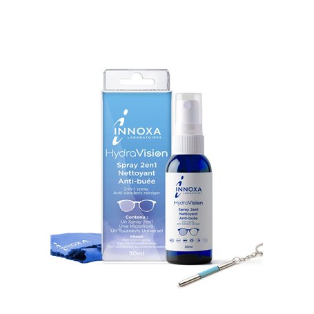 INNOXA - Spray 2en1 nettoyant + anti-buée lunettes et surfaces optiques 30 ml – Inclus chiffon de nettoyage + tournevis lunettes