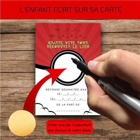 RXLITE Kit creativo premium da 10 biglietti d'invito compleanno da grattare a tema pantera in francese: 10 cartoncini, 10 buste bianche, 10 adesivi e 10 adesivi dorati magici