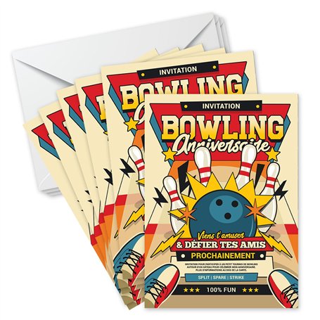 SoKawaï - 10 invitations anniversaire en Français + 10 enveloppes | Thème Bowling - Style Vintage | Fête pour les enfants