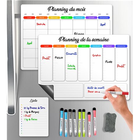 SKYCROO ® Calendrier Magnetique Frigo Blanc x3 + Accessoires - Planificateur Hebdomadaire + Mensuel + Mémo Aimanté Planning Sema