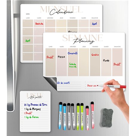 SKYCROO ® Calendrier Magnetique Frigo x3 + Accessoires - Planificateur Hebdomadaire + Mensuel + Mémo Aimanté Planning Semaine Ta