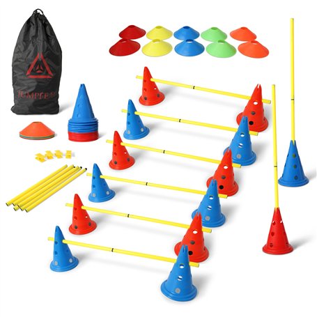 JUMPFEAT© Kit d’Accessoires Premium d'entraînement Sportif |Plots/Disques/Barres| – Cônes avec Fixation |Haies| pour Football