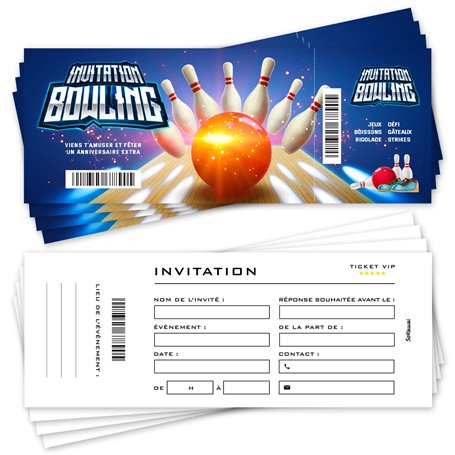SoKawaï - Lot de 12 invitations anniversaire en Français | Thème BOWLING | Design moderne