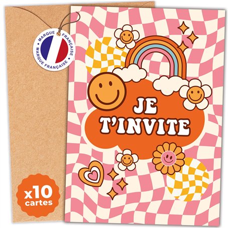 aliceandberry Cartons invitation anniversaire Groovy - 10 cartes + 10 enveloppes - Design Rétro hippie 70’s - Enfant Fille garço