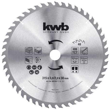 kwb Lame de scie circulaire de chantier 315 x 30 Lame de scie pour scies circulaires de table