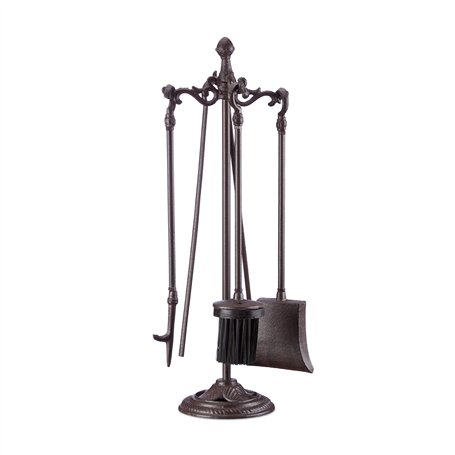 Relaxdays 10022938 Ensemble serviteur de cheminée 5 pièces Accessoires Fonte de Fer avec Support