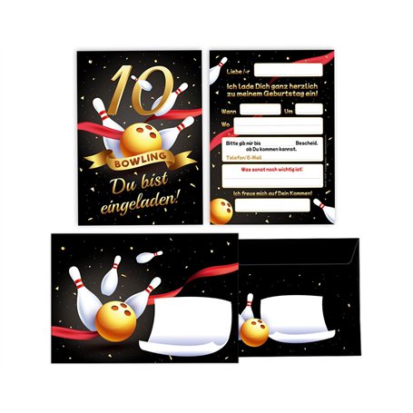 Minkocards Lot de 12 cartes d'invitation avec 12 enveloppes pour 10e anniversaire d'enfant - Cônes de bowling pour filles et gar