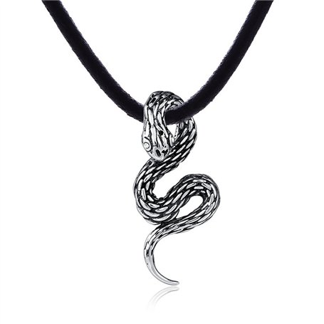 DonDon Collier Homme Cuir 50cm avec Pendentif Serpent Acier Inoxydable avec Pierre Blanche Bijoux - Livraison dans une pochette