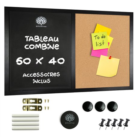 OfficeTree Tableau Mixte 60x40cm - Tableau Magnétique Ardoise Noir et Liège avec Accessoires - Tableau Ardoise Murale Cuisine -