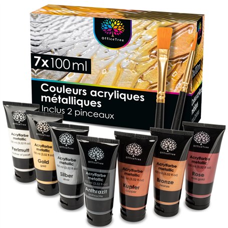 OfficeTree Peintures acryliques métalliques -7x 100 ml - Set de peintures acryliques métalliques à base d'eau - Acrylique métall