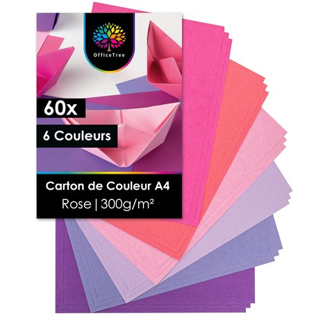 OfficeTree 60x Feuille Rose A4 300g - 6 Couleurs - Feuille de Couleur Cartonné A4 - Papier Rose pour Bricolage Scrapbooking & Im