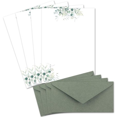 Lot de 25 feuilles de papier à lettres naturel A4 crème avec motif branches d’eucalyptus et enveloppes DL vert eucalyptus Papier