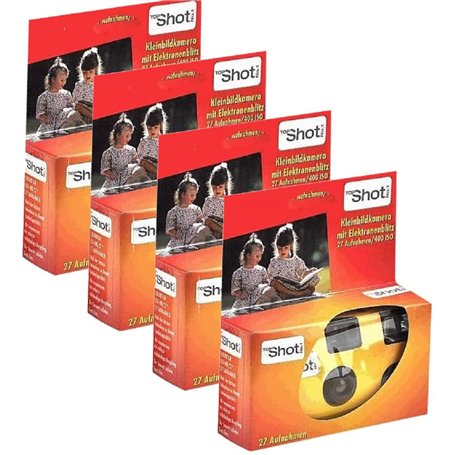 Lot de 4 appareils photo jetables 1A PORST - Pour mariage et fête - Rouge et orange - 27 photos - Avec flash et piles - Lot de 4