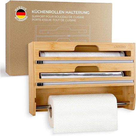 EXITOSO Découpe-film 3 en 1 en bambou – Porte-rouleau mural de cuisine – Porte-rouleau d'essuie-tout mural en bois – Porte-roule