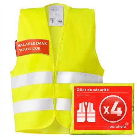 PURAHELP Gilet Jaune Voiture Set de 4 pièces valable dans Toute l'europe Selon en ISO 20471 - Gilet de sécurité reflechissant -