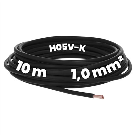 Kalitec Câble de câblage H05V-K 1 mm² noir de 10 m - Flexible - En PVC - Toron 1 mm² - Câblage à fil fin - Câble unique - Câble
