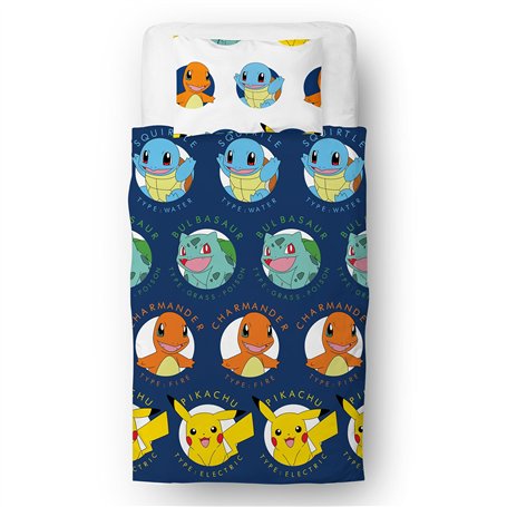 Parure de lit simple Pokémon sous licence officielle pour enfants | Pikachu Bulbasaur Charmander Squirtle Parure de lit réversib