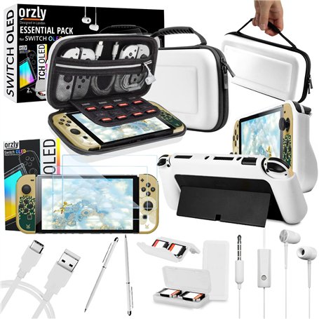 Orzly Kit accessoires pour Nintendo Switch Oled Accessories Essentials Pack Étui et protecteur d'écran Comfort Grip Cover Câble