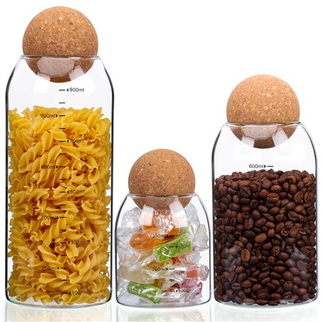 BELLE VOUS Lot de 3 Bocaux en Verre avec Couvercle en Liège - 3 Tailles de Pots à Épices - Bocal de Conservation Alimentaire - B