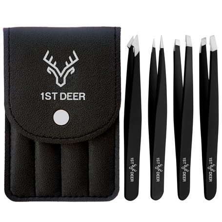 1st Deer Pince a Epiler Professionnelle pour Sourcils de Precision avec étui – Ensemble de 4 – Pincettes Acier Inoxydable pour l