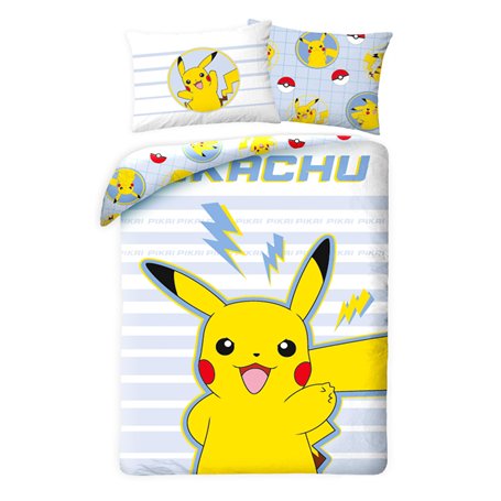 Parure de lit réversible pour enfant Pokémon Go Pikatchu Renforcé – 140 x 200 cm + 70 x 90 cm – 100 % coton Pokémon – Parure de