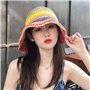 jiheousty Femmes Été À La Main Crochet Paille Chapeau De Soleil Arc-en-Ciel Rayures Colorées Patchwork Large Bord Crème Solaire 
