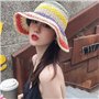 jiheousty Femmes Été À La Main Crochet Paille Chapeau De Soleil Arc-en-Ciel Rayures Colorées Patchwork Large Bord Crème Solaire 