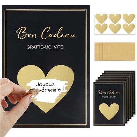BETESSIN Lot de 6 Cartes à Gratter Bon Cadeau Personnalisable avec Autocollants et Enveloppes Carte de Vœux Carte Invitation pou