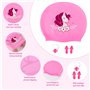 Bonnet de Bain Enfant Licorne en Silicone Bonnet Natation Imperméable Bonnet Piscine pour Fille Cheveux Longs avec Bouchons d'or
