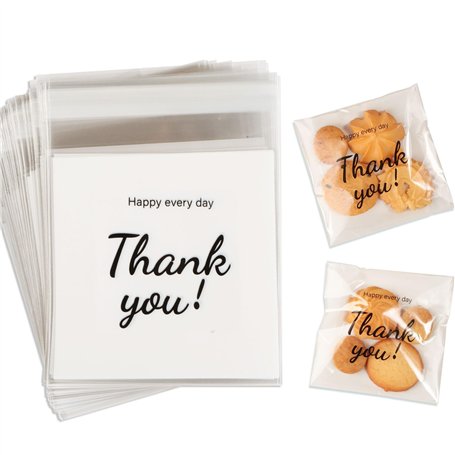 100PCS Sacs Transparents Sachet Plastique Auto-Adhésif Remerciement Pochette Motif Thank you Fournitures de Fête Sac Emballage B
