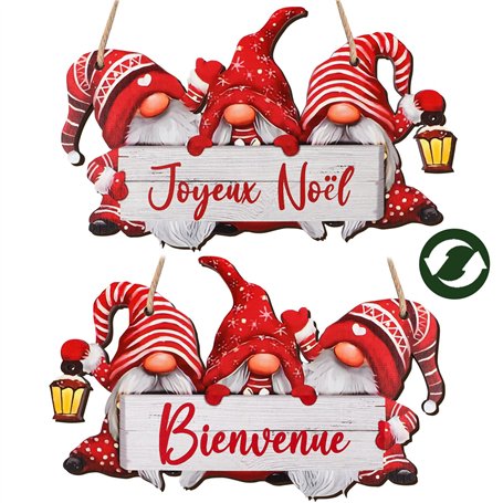 GEBETTER Décoration à Suspendre Noël 1Pc Plaque en Bois “Joyeux Noël””Bienvenue” Motif Nain de Noël Suspension avec Ficelle pour