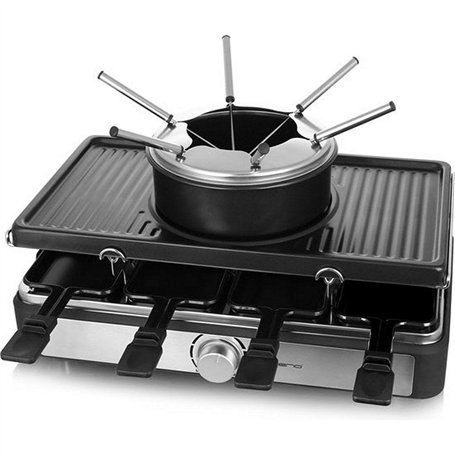 Emerio Plaisir de fête pour jusqu'à 8 personnes avec cette combinaison 3 en 1 de raclette et de fondue à fromage pour un plaisir