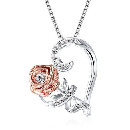 Sttiafay Collier en argent en forme de cœur pour femme avec pendentif en forme de rose et zircone - Cadeau romantique pour la Sa
