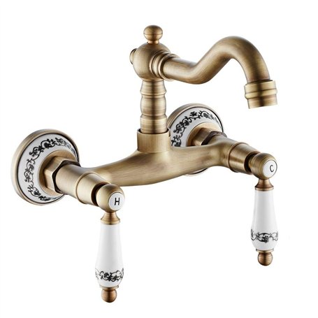Robinet bronze mural en laiton avec double poignées en céramique Rotation 360 ° Robinet pour cuisine mural vintage support chaud