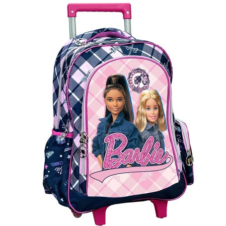 PRESTIGE & DELUXE Trolley Sac à dos scolaire avec roues compatible avec Barbie Rose + set d'écriture 7 pièces