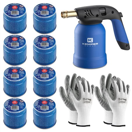 Kemper Brûleur à souder + 8 bouteilles de gaz butane sécurisées + 2 gants