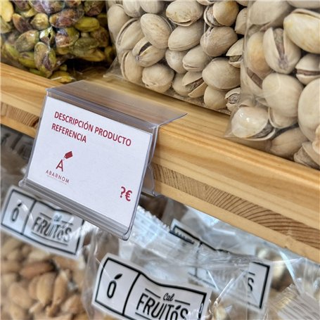 Kit 50 Porte-prix pour étagère en bois. Étiquette 39x60mm. Transparent. Panneaux de prix