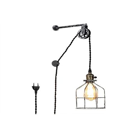 Barcelona LED Applique Murale Vintage avec Câble de Prise et Support de Lampe à Suspension à Poulie Industrielle Capuchon en Arg