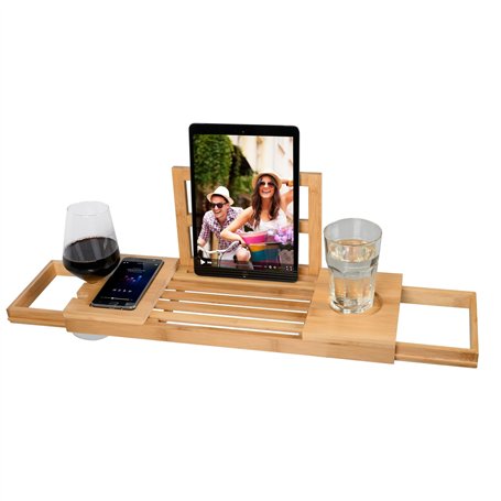 alpina Salle de Bain Planche Bois - Plateau de Bain 50-92 x 18 x 4 cm - Decoration Salle de Bain Bambou avec Support de Livre et