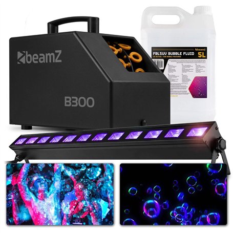BeamZ B300 Machine à Bulles - 30 Tours/Min avec Grande Roue + 5L de Liquide UV + Barre LED UV