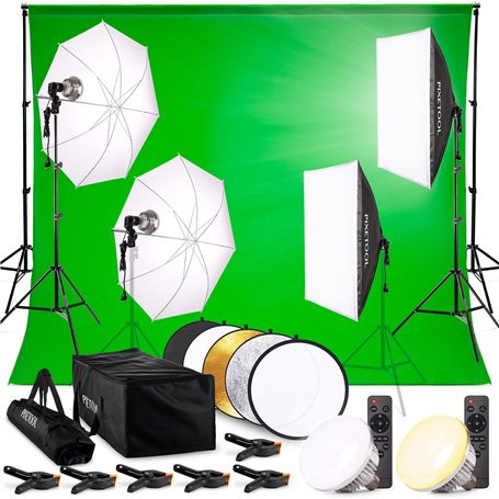 PIXETOOL Kit Studio Photo et Éclairage - Softbox - Écran de Projection - Fond Vert (3 x 3 m) avec Support (3 x 2