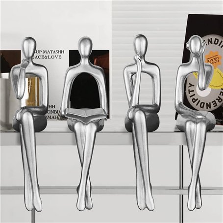 Lot de 4 statues de penseur argentées modernes en résine abstraite