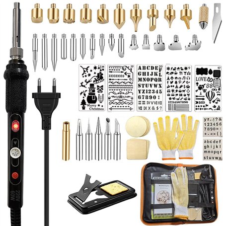 Kit de fer à souder pour pyrogravure - 60 W - Température réglable 200-450 °C - Piston à combustion pour bois et cuir - Gravure