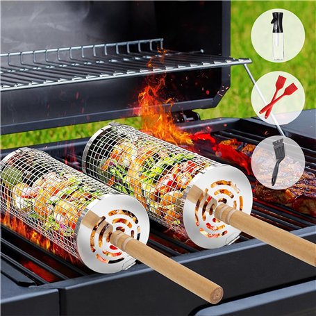 Ensemble de paniers de grillage enroulable emboîtables 2 Paniers de barbecue cylindriques en acier inoxydable avec poignée en bo